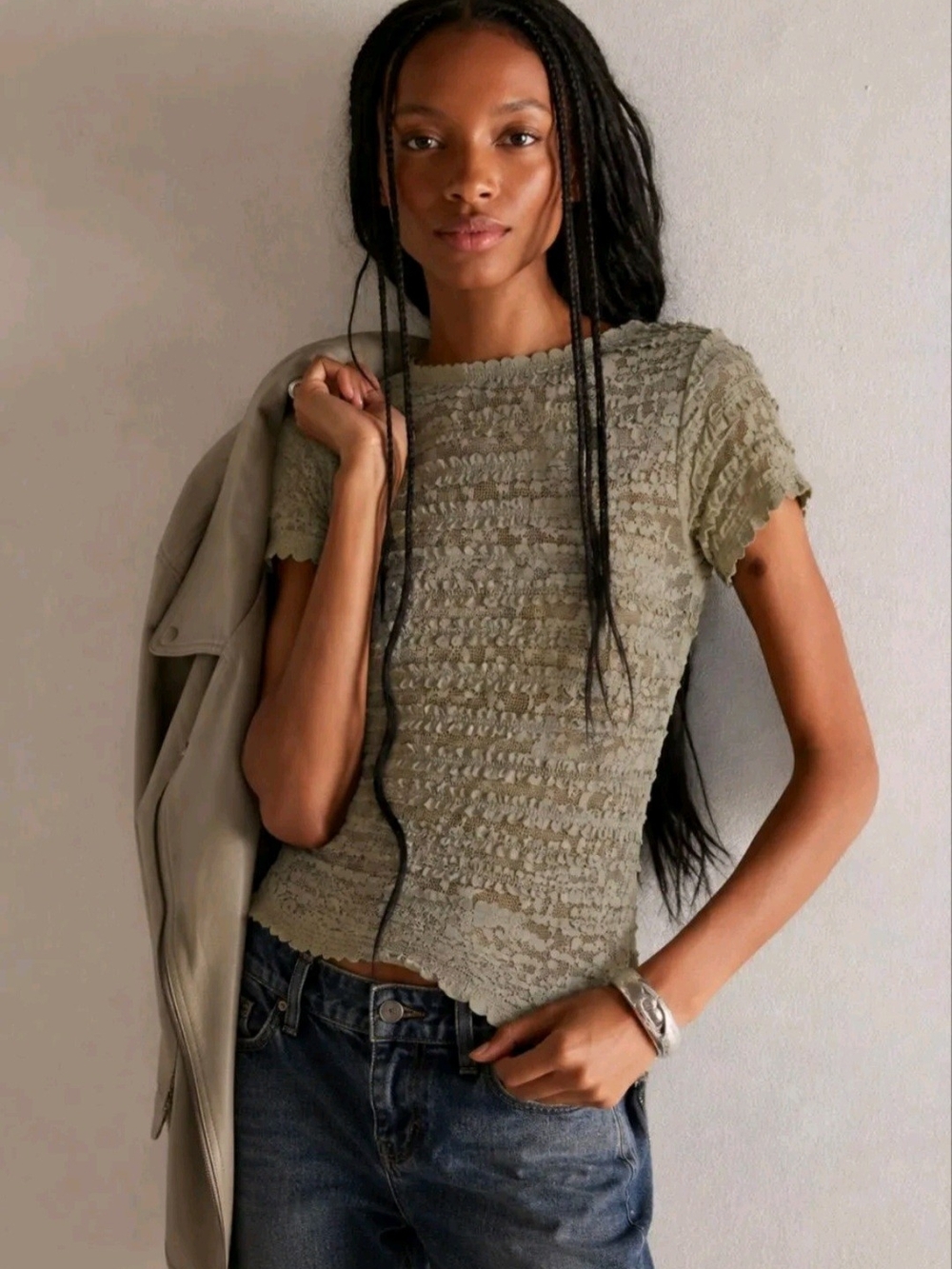 Free People Olive Green Short Sleeve Smocked Top